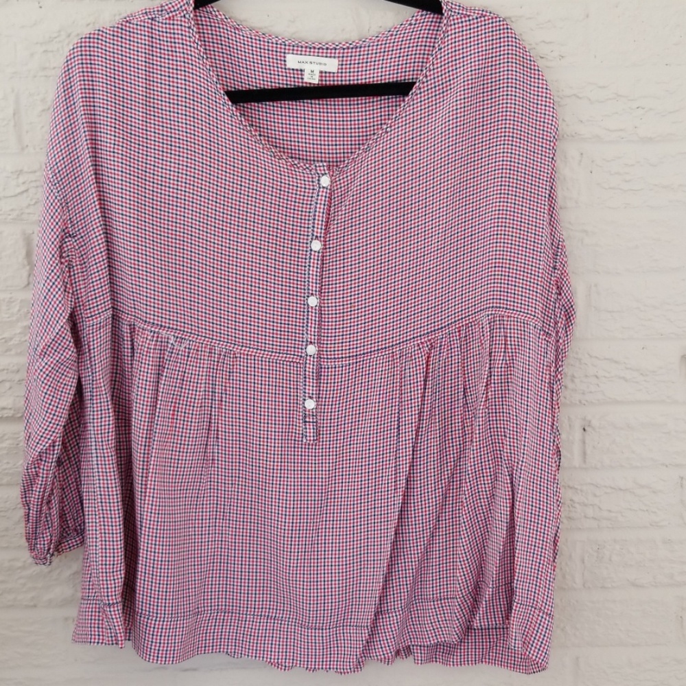 MAX STUDIO Plaid Gingham Top sz M So Cute❤💙❤